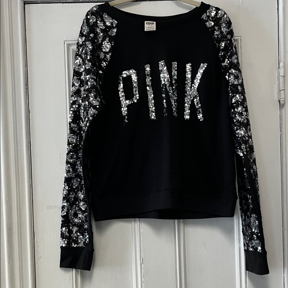 Victoria's Secret Pink Black Sweatshirt with sequin sleeves L